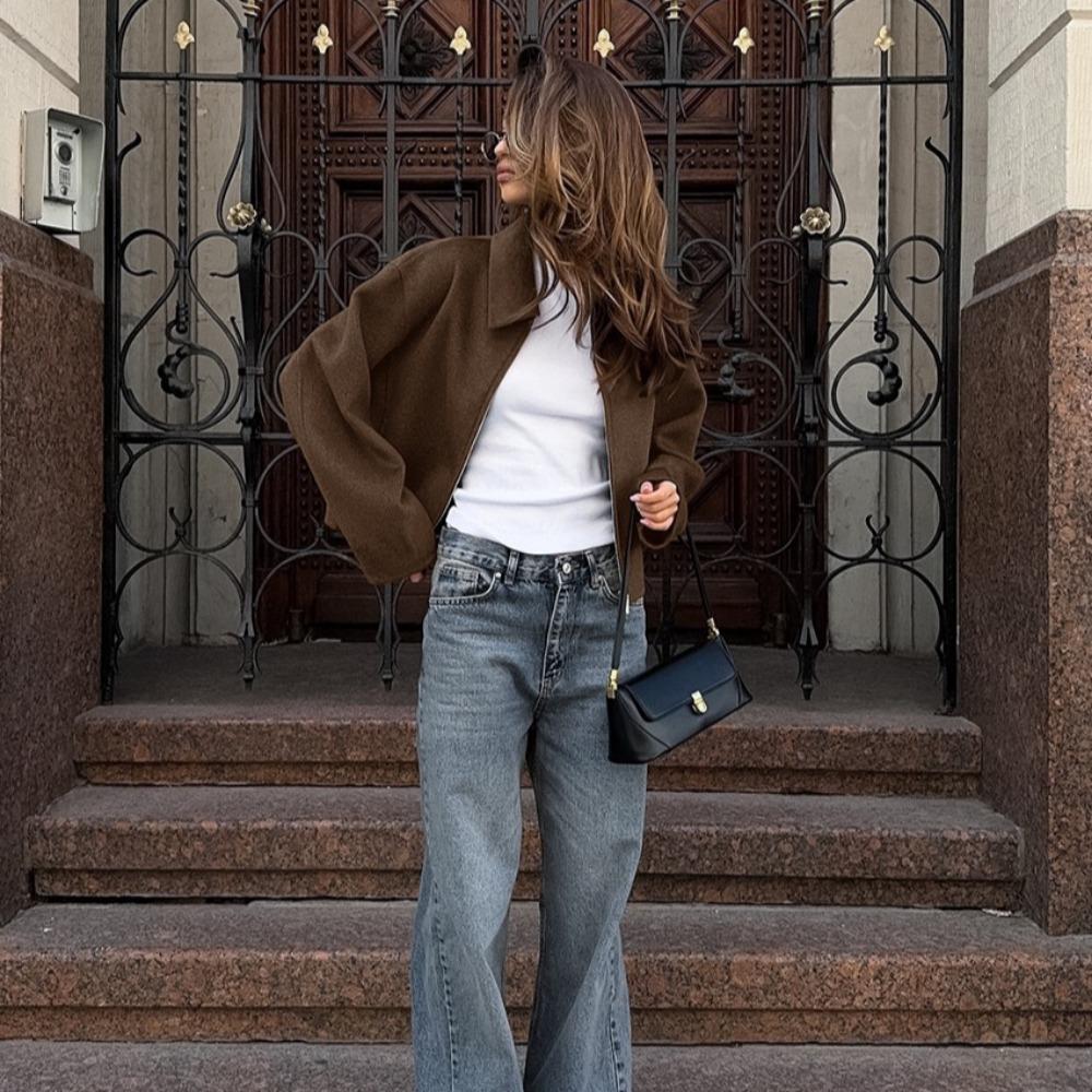 Fashion Brown Zipper Jacket For Women Elegant Lapel Long Sleeve Short Coats Female Vintage Lady Street Outerwear