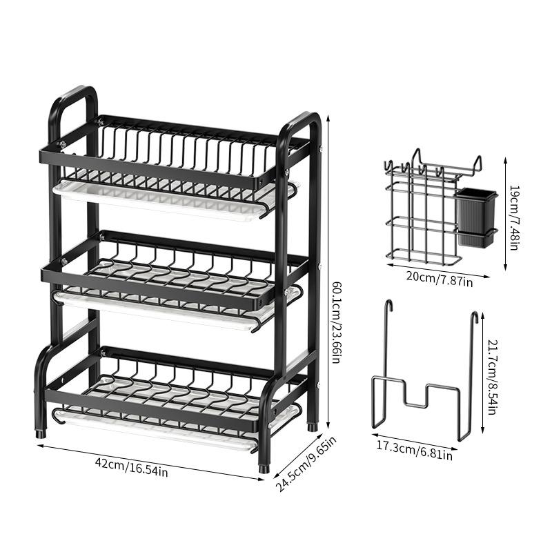 Triple Drain Dish Rack | Space Saving, Multifunctional Kitchen Countertop Drain Rack with Drain Board, Cutlery Rack, Cup Holder чёрный