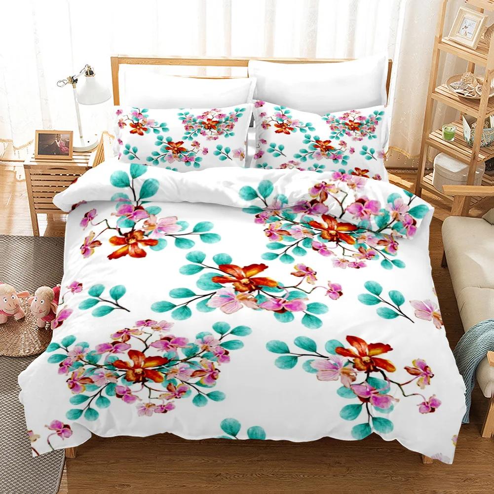 Plant Flower Double Bed Cover Set For Women Girls Print Peach Blossom, Cherry Blossom, Rose Red Pink Comforter Cover Set Queen
