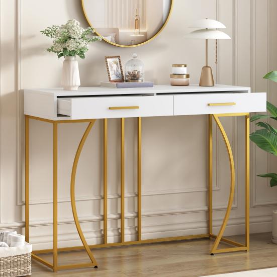 Console Table with 2 Drawers Light Luxury Modern Metal Golden Frame Living Room Farmhouse Long Hallway Table Behind Sofa Narrow Entryway Table