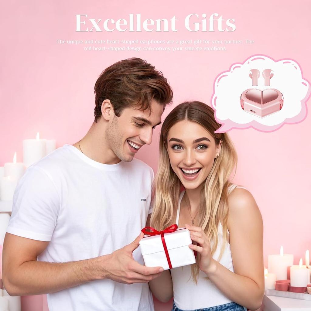 Pink Heart Wireless Earbuds for Girls Cute Small Earphones Hifi Stereo Sound Bluetooth Headsets Touch Control Gaming Handphones