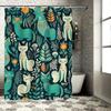 Colorful Cat Pattern Shower Curtain Blue, Green White Floral Design for Bathroom Decor Polyester Fabric Waterproof Bath Mat Set