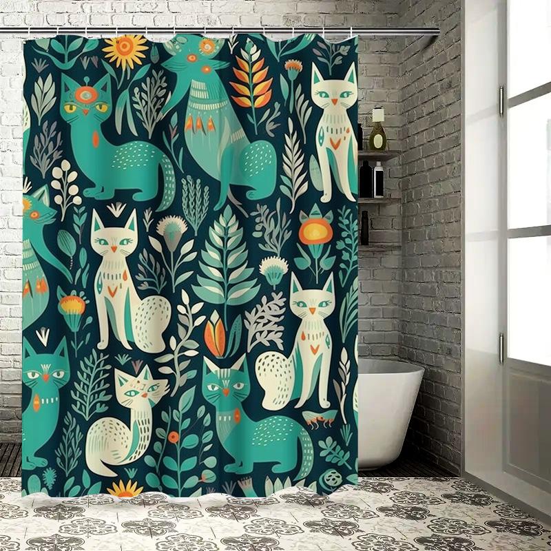Colorful Cat Pattern Shower Curtain Blue, Green White Floral Design for Bathroom Decor Polyester Fabric Waterproof Bath Mat Set