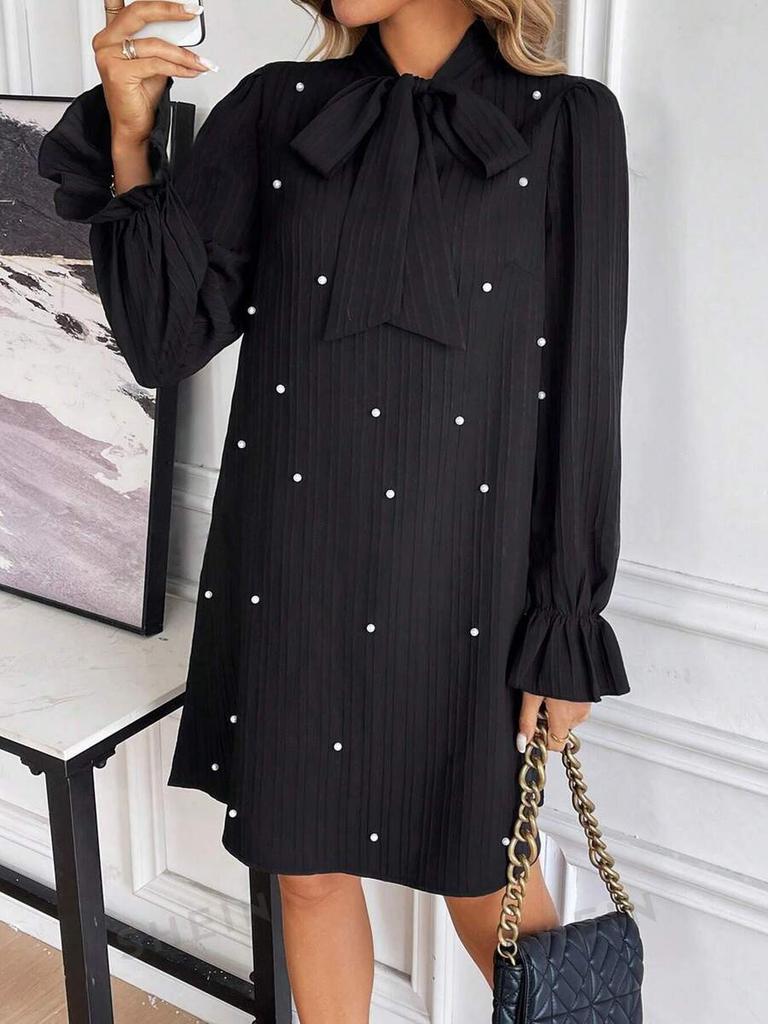 Women's Spring New Tie-up Beaded Long Sleeve Loose Solid Color Dress