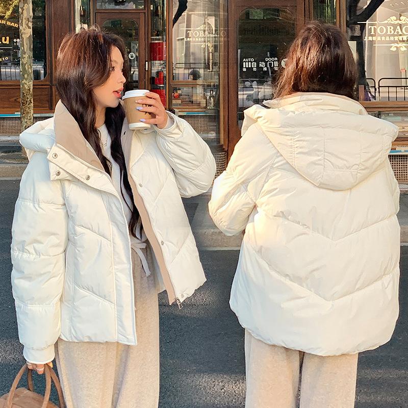 Cotton clothes women's winter 2025 new Korean thickened loose hooded contrasting cotton jacket Korean version of padded jacket student jacket