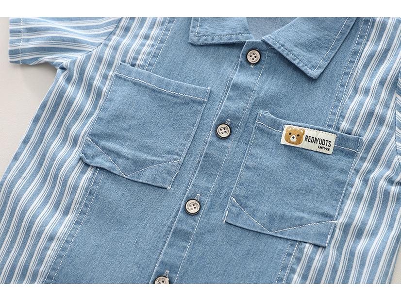 Boys' Vertical Stripe Bear Pocket Short Sleeve Set - Casual Two-Piece Summer Outfit
