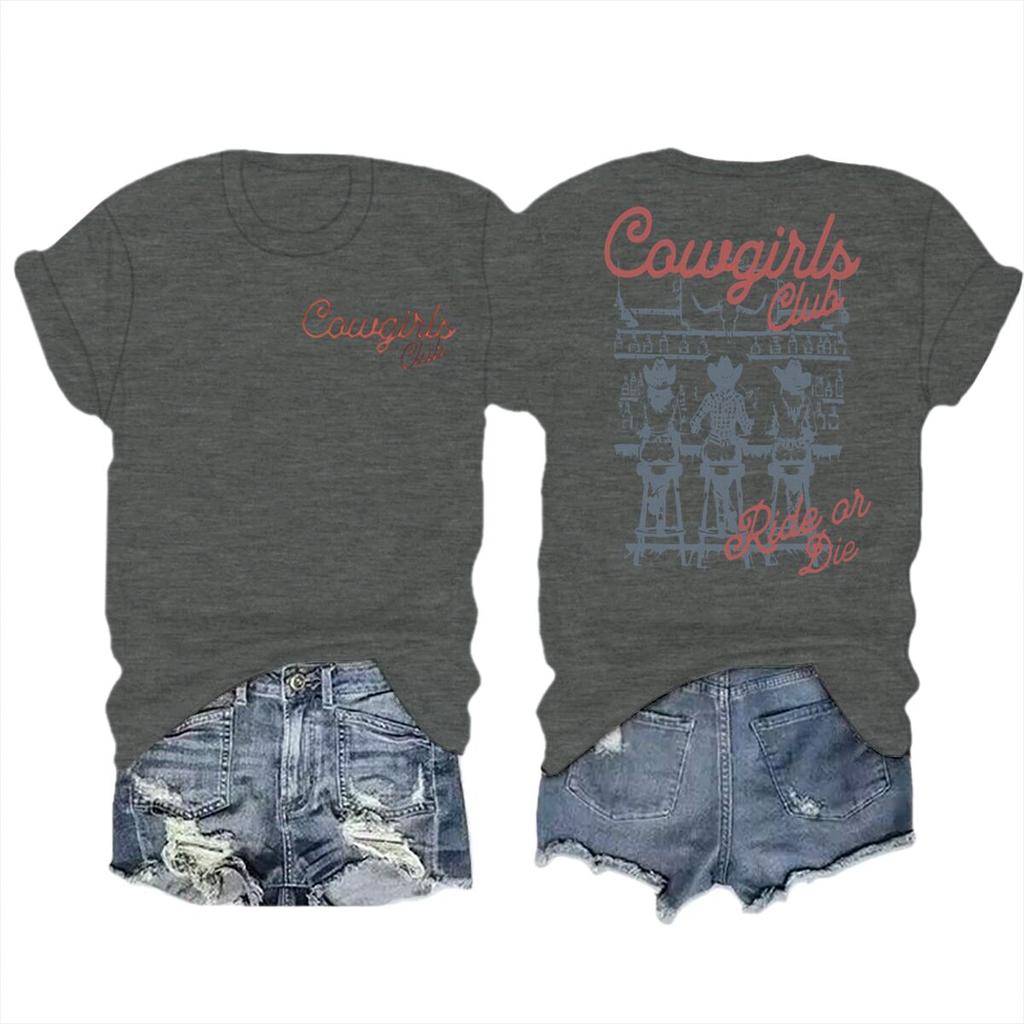 Unisexs Western Cowgirl Club Graphic Tee Casual Crew Neck Short Sleeve Tshirt With Cowgirl Letter Design Streetwear Female Tops