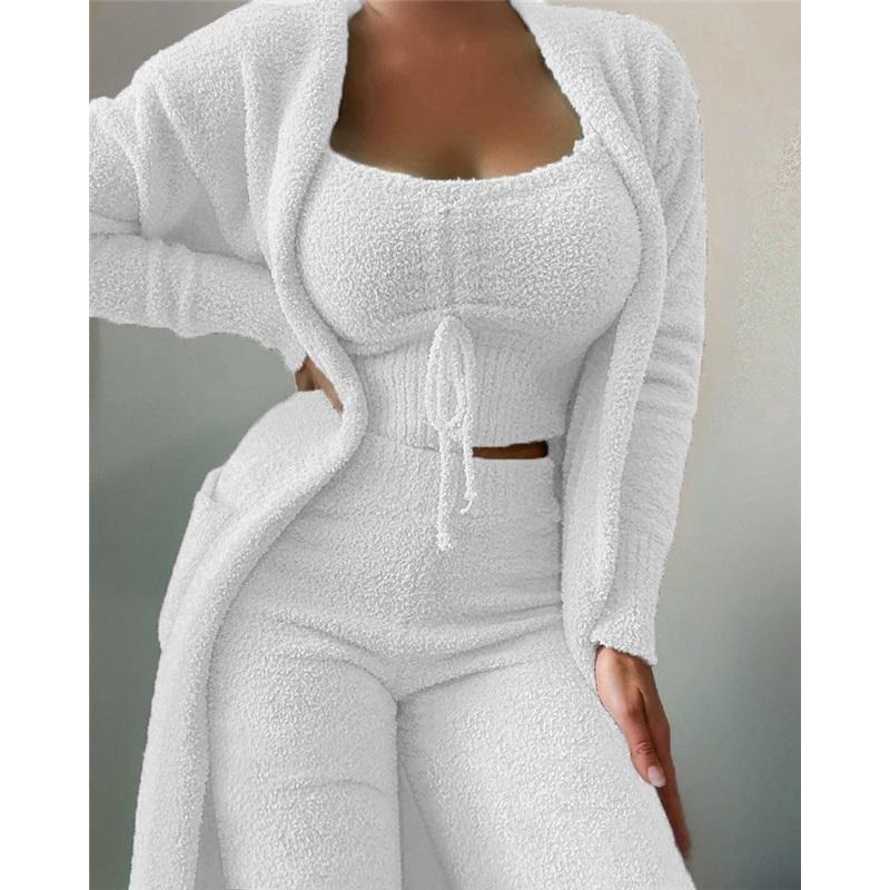 Damski pluszowy 3-częściowy garnitur piżamowy sznurowany, casualowy, jednolity kolor, obcisłe spodnie na ramiączkach, długa kurtka, do noszenia w domu