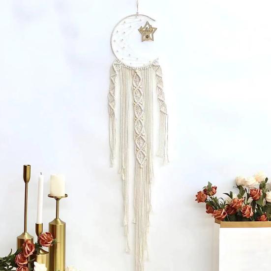 Woven Wall Hanging Wall Decoration with Long Tassel- White Cotton Handmade Home Decor Art Craft for Bedroom Dorm Garden