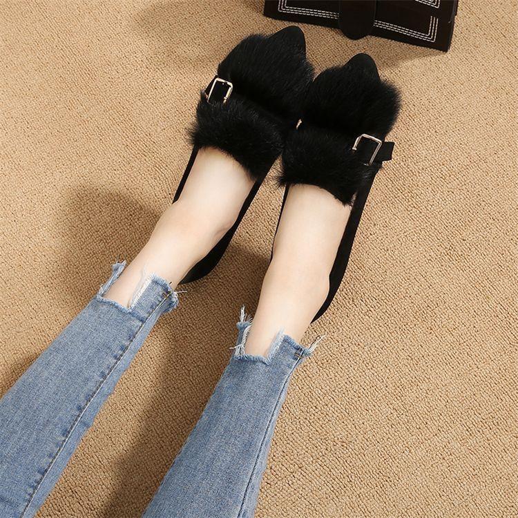 Non-slip piled flat-bottomed ladyshoes casual fluffy shoes women's autumn and winter new pointed one-pedal piled beanie shoes