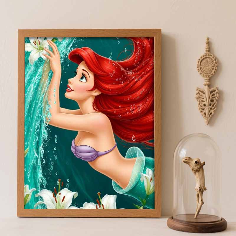 Disney Diamond Art Painting Kit Ariel Mermaid Sparkling Craft, Home Wall Decor, Handmade Gift Round 20x30cm