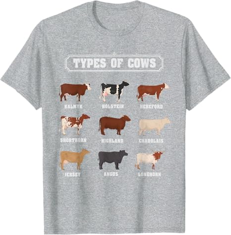 Types of Cow Cattle Ideas for Kids Boys Farmer Costume TShirt Fashion Y2k Design Graphic Outfit Novelty Gift Saying Tee Top S