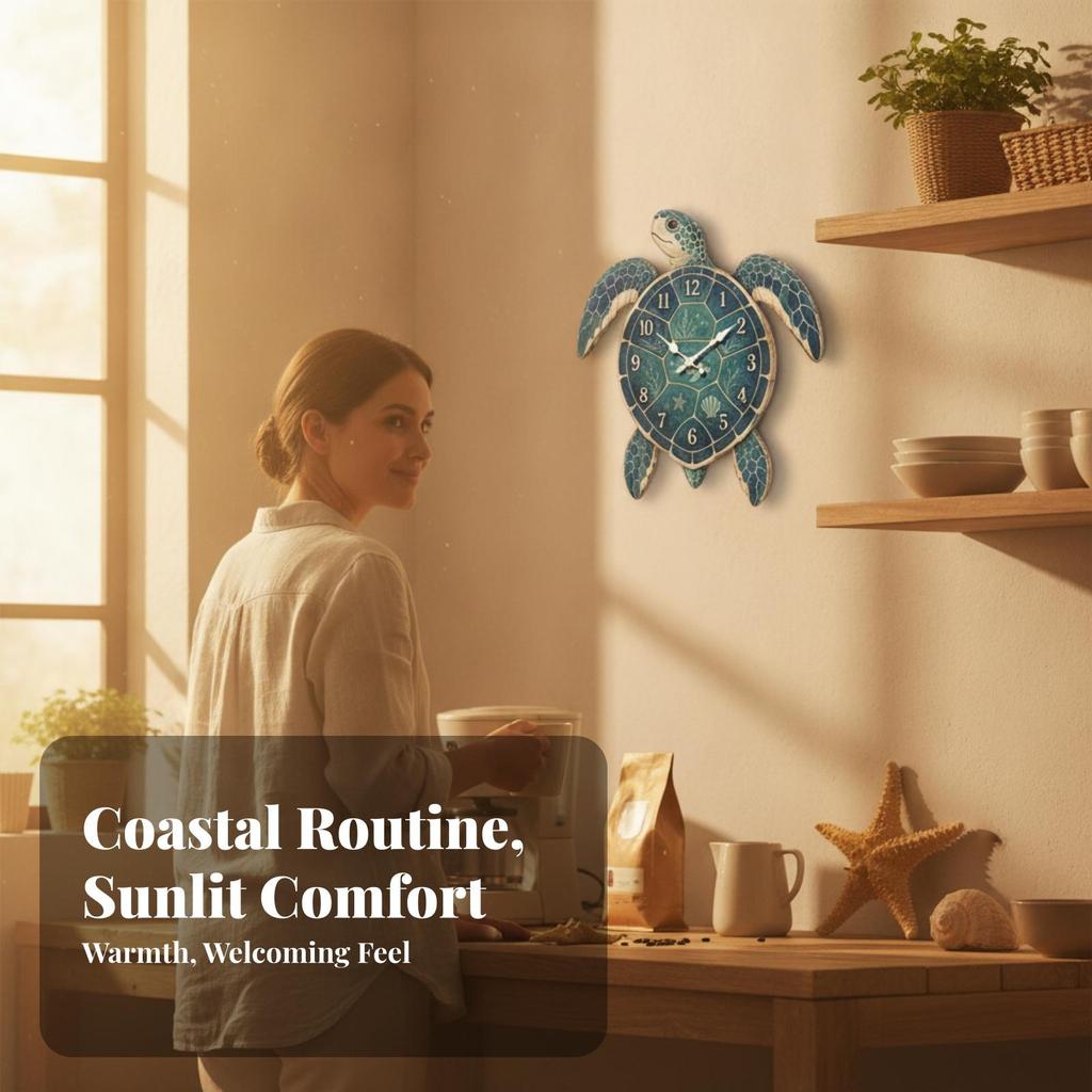 Wall Clock Coastal Turtle Easy to Hang for Bedroom
