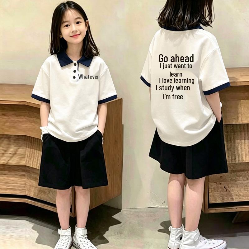 Korean Girls' Casual Loose Fit Short-Sleeve Polo T-Shirt Set - Summer Fashion Patchwork for Medium and Large Children
