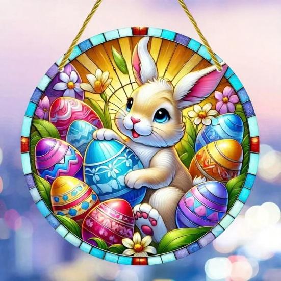 Easter Bunny Suncatcher 2D Acrylic Rabbit Eggs Window Hanging Ornament for Indoor Outdoor Home Garden Decor Housewarming Gifts for Women