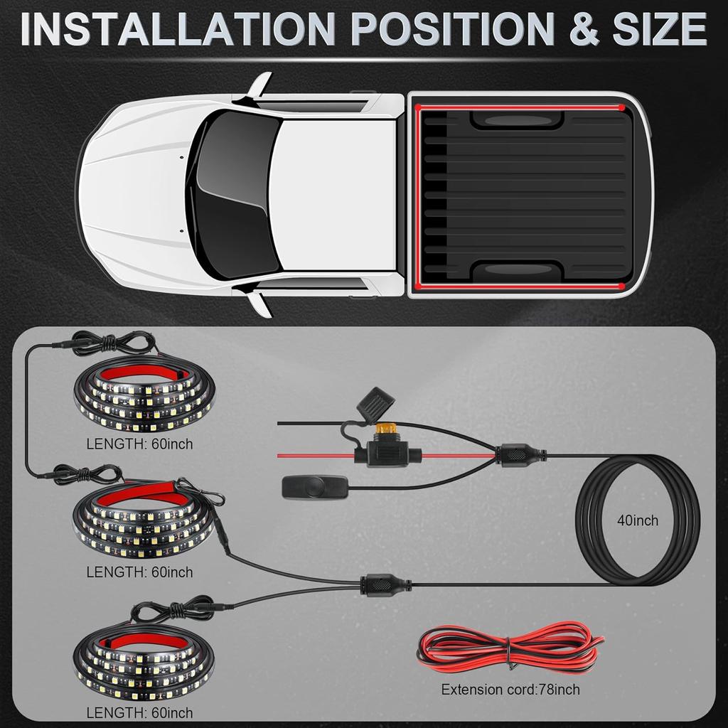 LivTee Truck Bed Lights, 3PCS 60 Inch 12V LED Light Strip with On-Off Switch Blade Fuse, 2-Way Splitter, Pickup Truck Accessories for Men - IP68