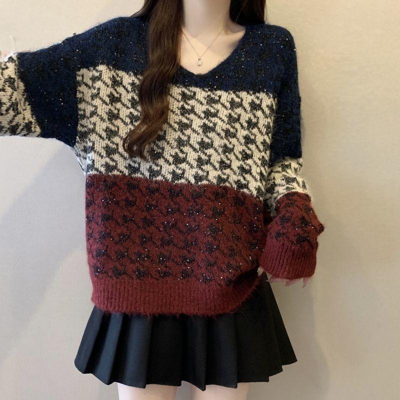 Maglione da Donna Pullover Stile a Quadri Colorblock Lavorato a Maglia Stile Coreano Scollo a V Ampio Base Autunnale