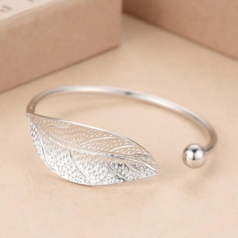 Fashion 925 Silver Cuff Bracelet For Woman Open Luxury Leaf Shaped Adjustable Charm Bangle Bracelets Party Jewelry Gift