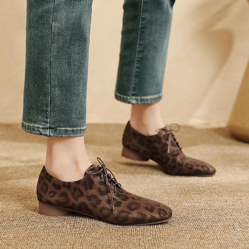 Moda 2025 Vintage Panterka Damskie Szpilki Wiosna Okrągły Nosek Grube Obcasy Dojrzałe Buty Kobieta Skóra Naturalna Sznurowane Podstawowe Biuro Pani