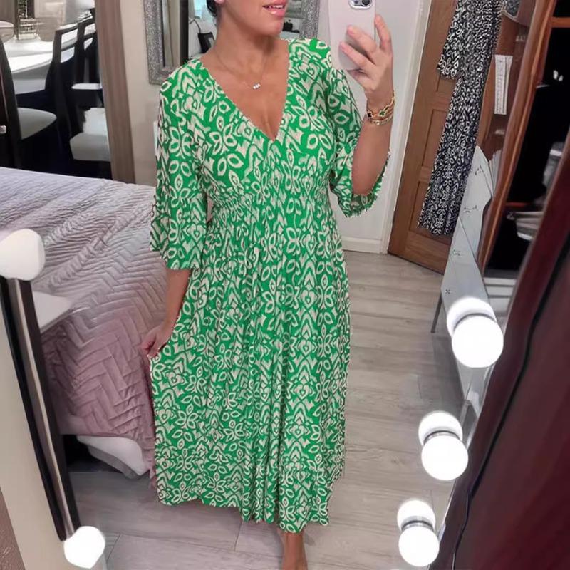 Women's Super Fairy V-neck Floral Dress, Beach Skirt, Printed Loose Long Skirt