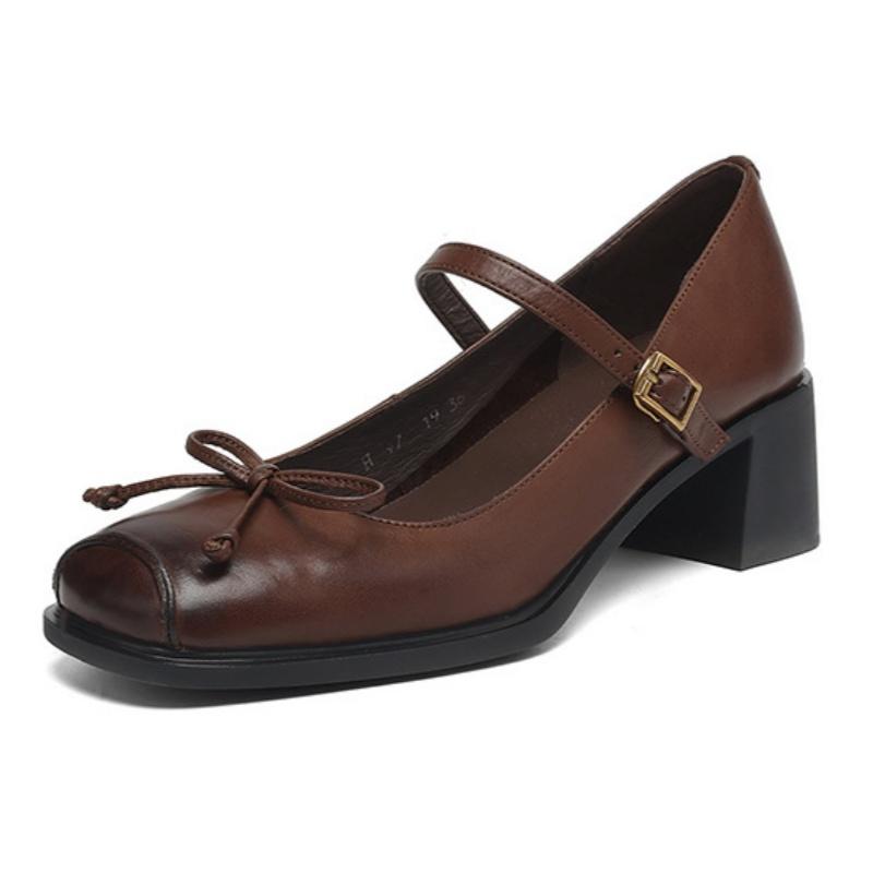 Fashion Butterfly-knot Elegant Shallow Mouth Women Pumps 2025 Mary Jane Fashion Square Toe Metal Buckle Thick Heel Dress Ladies Footwear