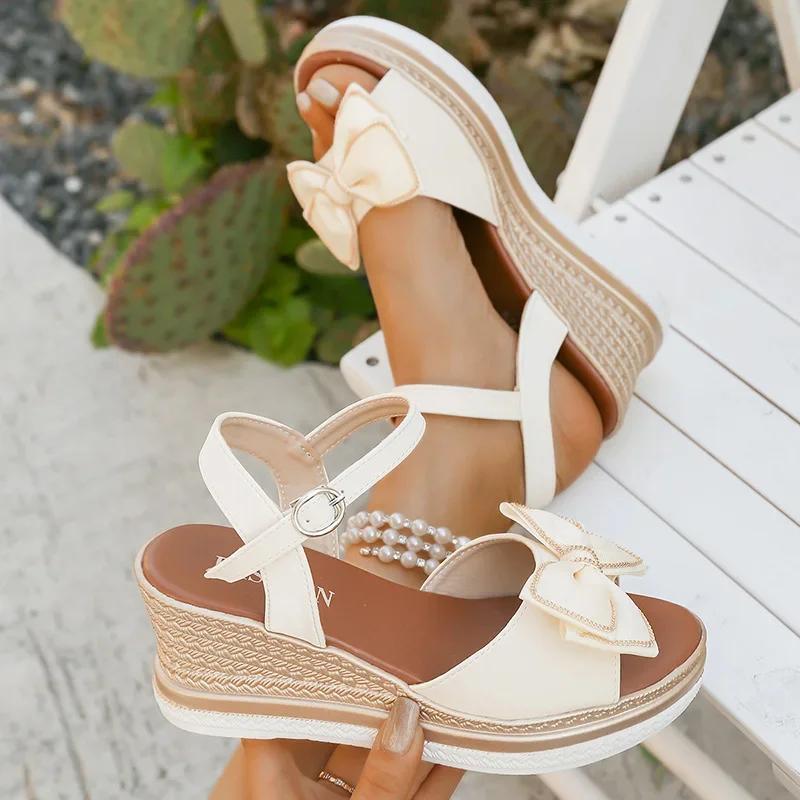 Lovely Girls Beige Bowtie Sandals Comfortable Platform Wedge Heels Shoes Woman Open Toe Ankle Strap Plus Size Sandalias Mujer