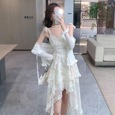 Coffee Break French Floral Suspender Dress Summer Large Size Design Sense Irregular Front Short Rear Long Trailing Fairy Skirt