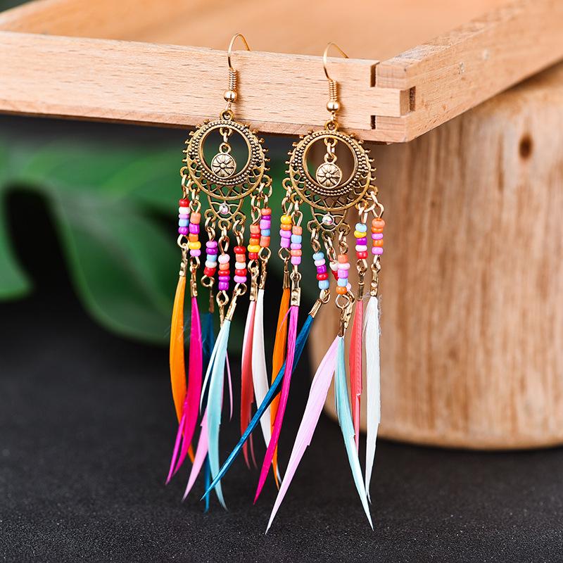 Colorful Feather & Bead Ethnic Retro Earrings - Your Tixi Yiwu Daisy Jewelry