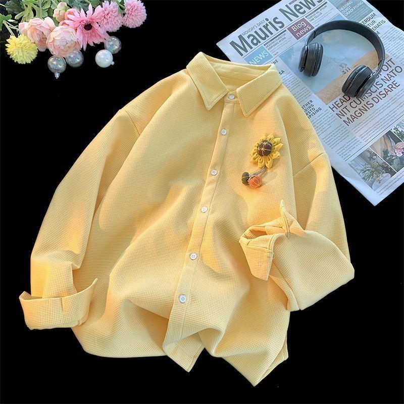 Sunflower Decorated Women's Shirt Solid Color Single Breasted Lapel Blouse Spring Autumn Woman Casual Korean Loose Top