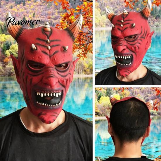 Comfortable Horror Props for Adults Red Devil Masque, Scary Demon Full Face Masque with Halloween Horn, Adult Latex Cosplay Costume Halloween, Haunted