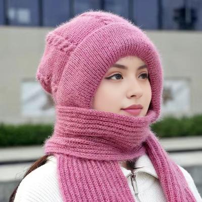 Women Winter Hat with Integrated Long Scarf Thick Warm Knitted Windproof