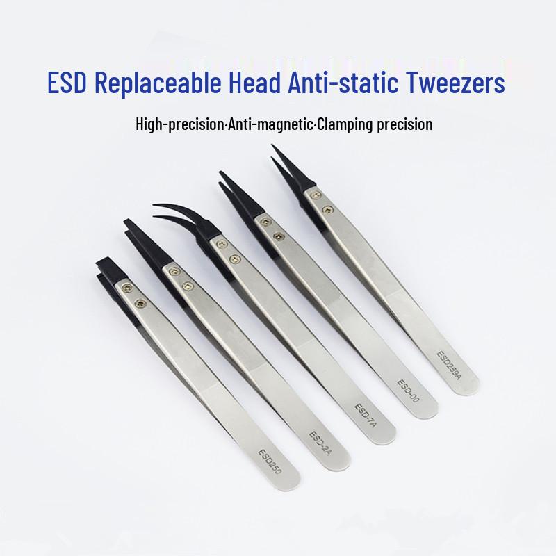 High-Temperature Resistant Anti-Static Stainless Steel Tweezers with Replaceable Plastic Ceramic Heads for Electronic Repair