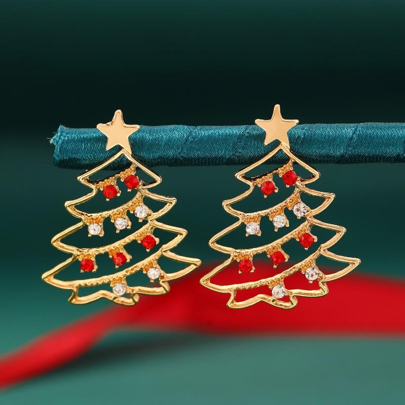 Hot Sale Colored Diamond Hollow Christmas Tree Earrings Women's Temperament Premium Christmas Pendant Earrings