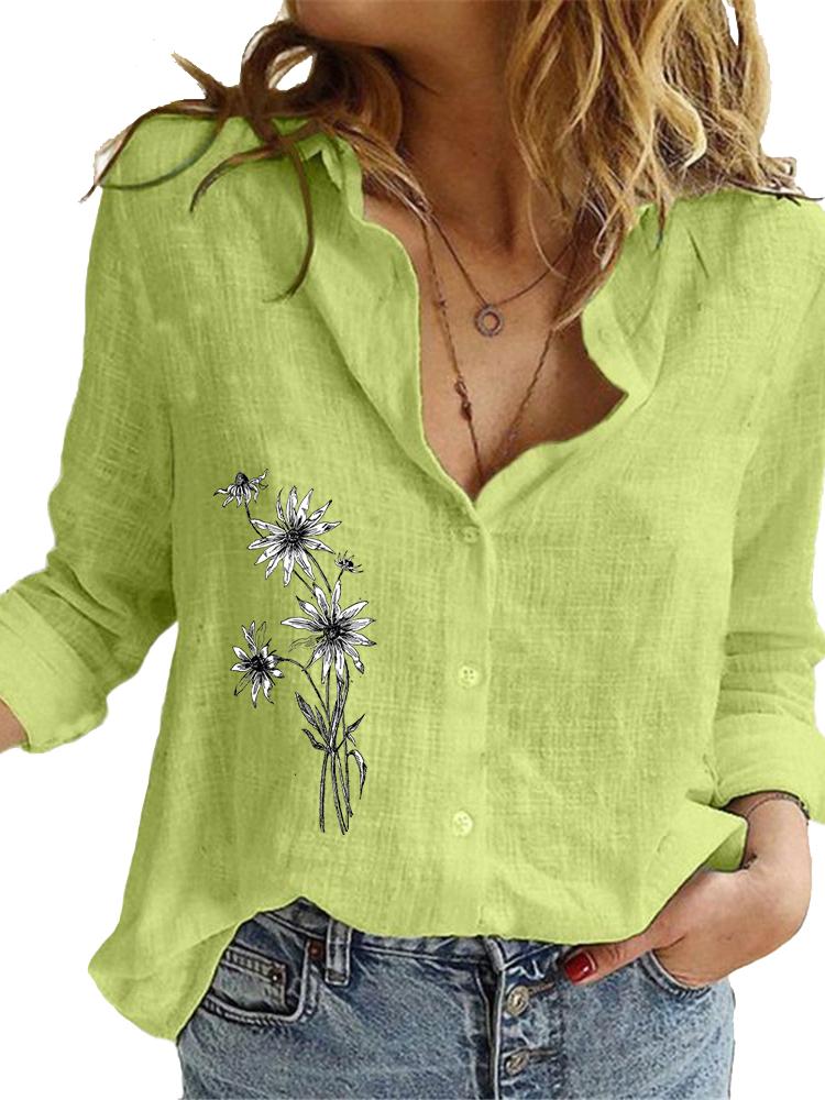 Women Fashion Cotton Linen Shirt Spring&summer Loose Top Ladies Casual Floral Print Blouse