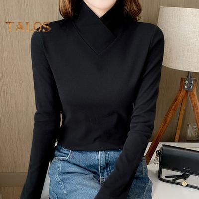 Women Bottoming Tops Half High Collar Long Sleeve Slim Fit Soft Stretchy Pullover Tops Solid Color Shirt with Unique Neckline