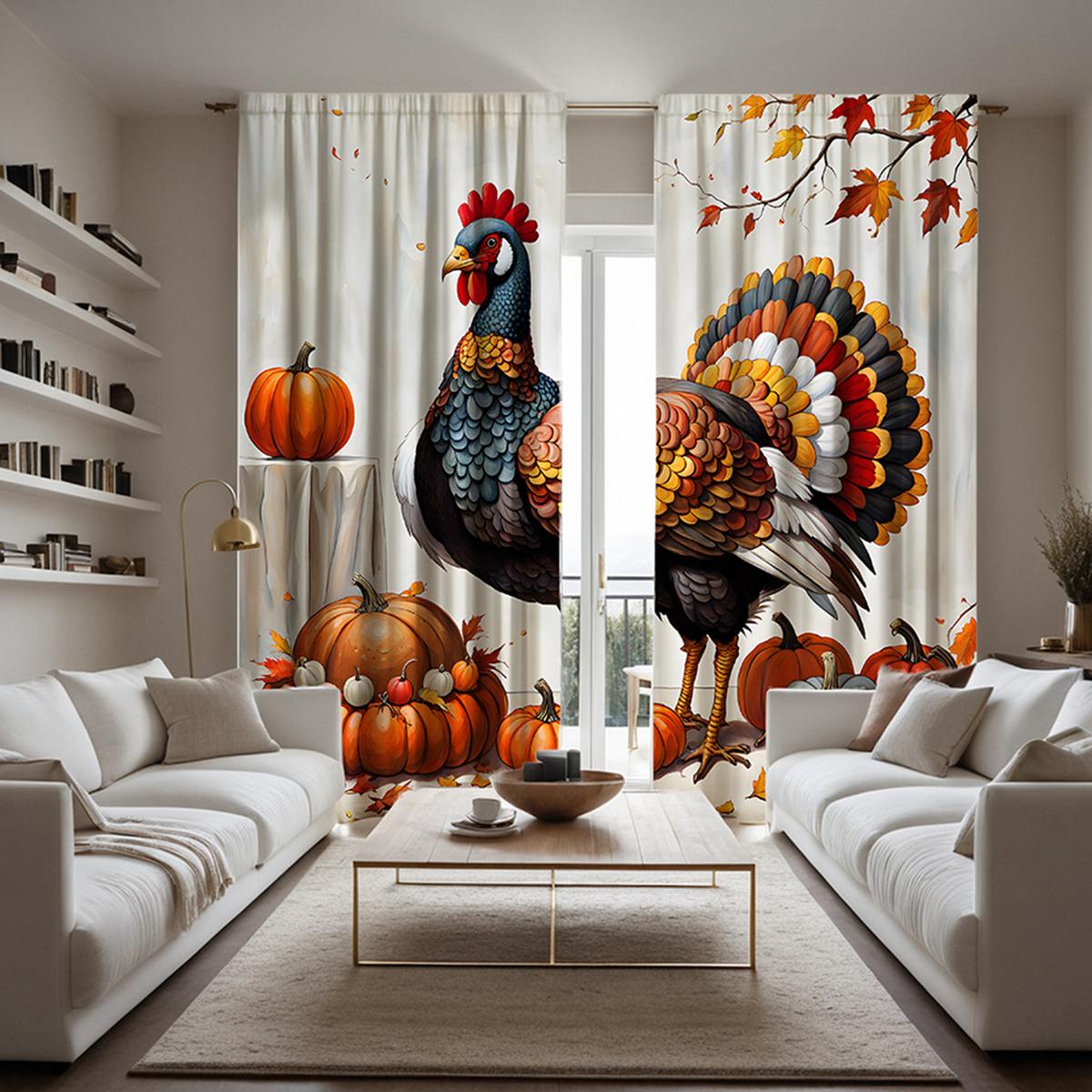 

2 шт. HD Праздник урожая Петух Тыква декоративная занавеска Белый галстук цифровая печать занавеска Украшение дома стиль Украшенный W52H63inchW132H160cm