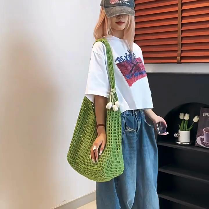 Borsa a Spalla Trendy Dolce all'Uncinetto con Ciondolo Tulipano Borsa a Mano Vuota per il Tempo Libero, la Spiaggia, le Vacanze da Donna Borse a Shopper Intrecciate KTB