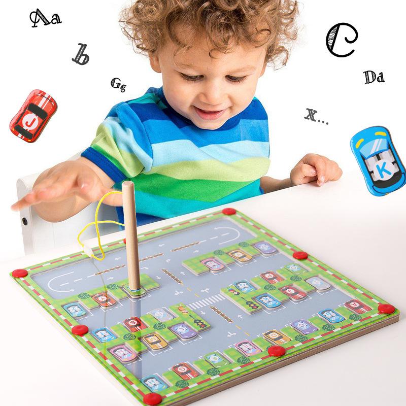Children's educational Magnetic Labyrinth Early Education Toys Wooden Magnetic Letter Matching Board Parking Lot Puzzle