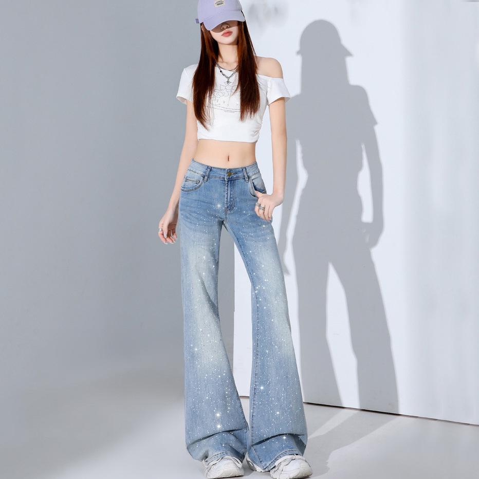 

Women s Low-Waist Slim Fit Floor-Length Flare Jeans with Star Accents XL