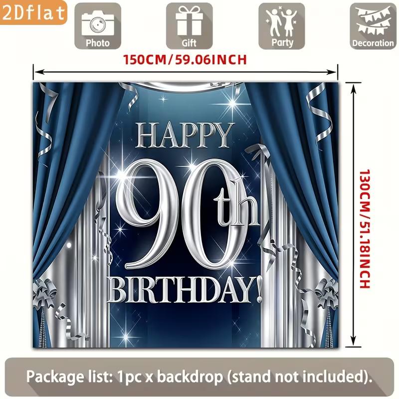 

2D 90th Birthday Photography Backdrop Navy Blue Silver Curtain and Sparkle Party Background 47.2x31.5inch/120*80cm