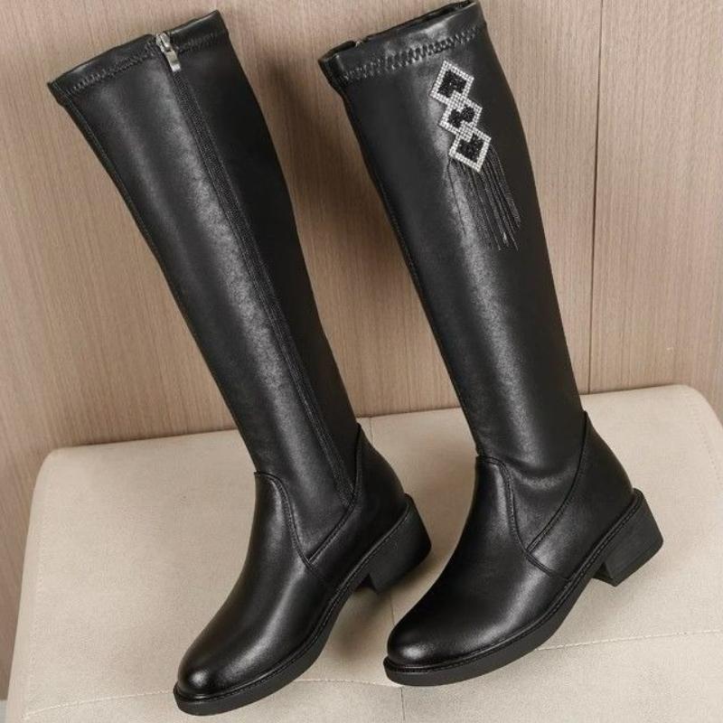 Mode Schwarzes Leder Mittelhoch Rundzehe Strass Kniehoch Schaft Schuhe Frau Trend 2025 Arbeit Herbst Winter Lange Stiefel für Frauen
