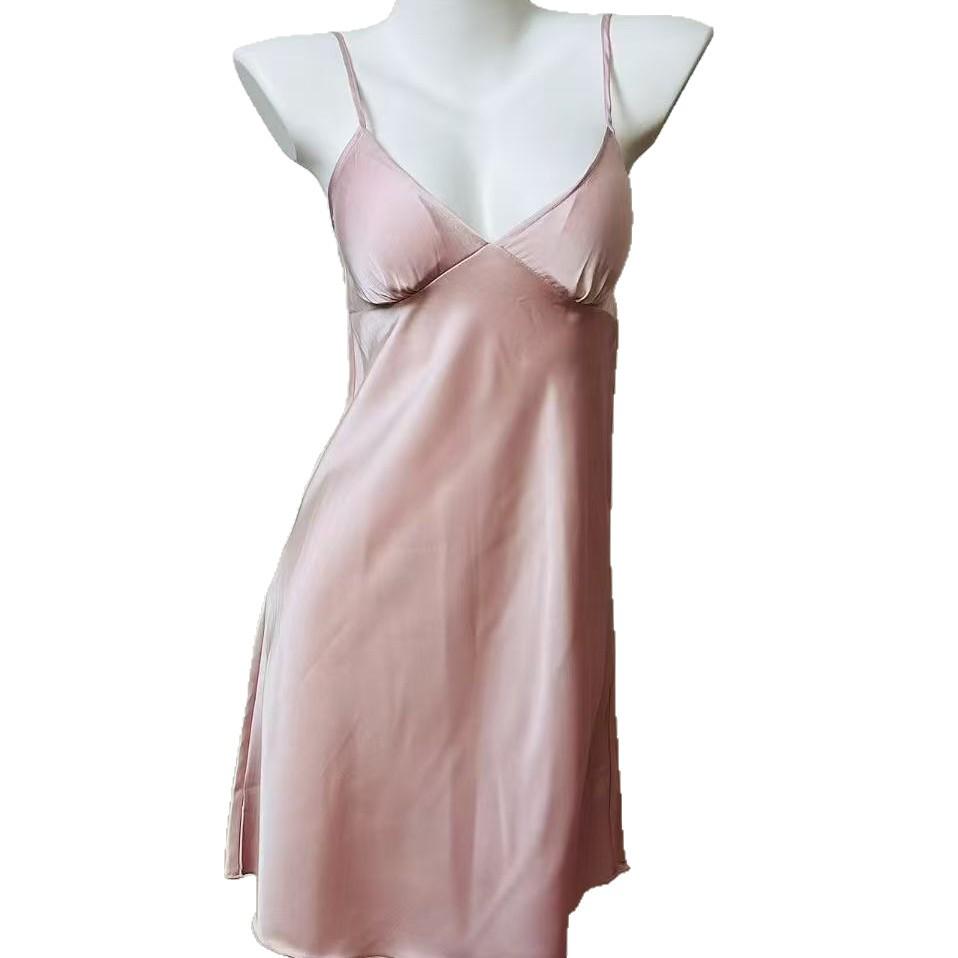 Women's Satin Chiffon Silk Nightgown with Adjustable Straps and Chest Pad