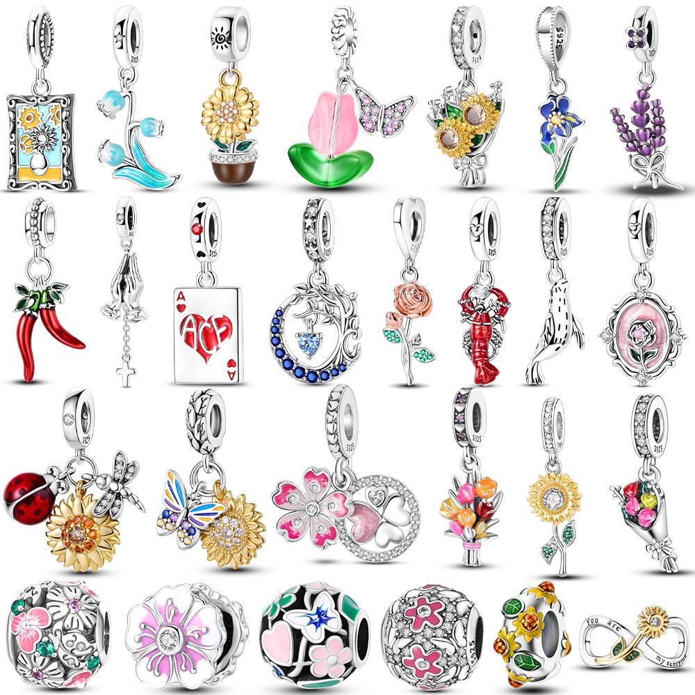 Flower Charms Sunflower Tulip Copper Pendants Fit Original Pan Bracelet Making Jewelry Baeds Fine Gift Accessory