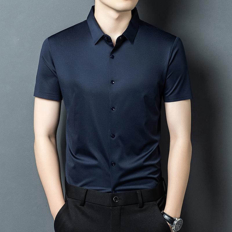 Men's Ice Silk Short Sleeve Lapel Shirt - Business Casual, Non-Iron, Elastic Fit for Middle-Aged Dads