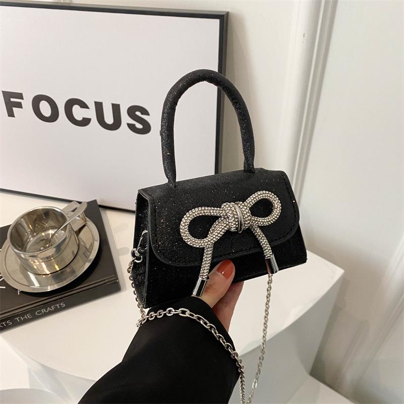 New Women s Sequin Crossbody Bag - Solid Color Bowknot Mini Handbag чёрный