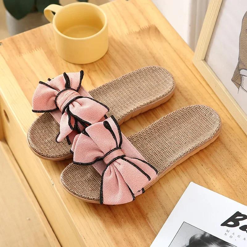 Summer Women Casual Slides Comfortable Flax Slippers Striped Bow Linen Flip Flops Platform Sandals Ladies Indoor Shoes