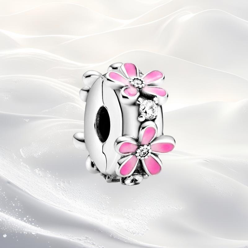 Cherry Blossom Flower Clip Charm Beads Dangle Fit Original Snake Silver Bracelet Necklace Bead For Diy Jewelry Women Gift