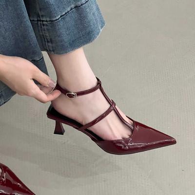 Fashion Patent Leather Sandals Ladies 2025 Spring Summer Medium Heel Pointed Kitten Heel High Heels