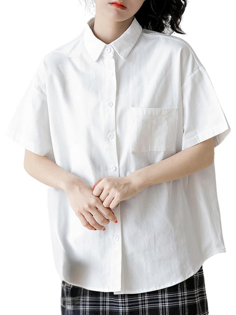 Shirt Blouse Short Sleeve Regular Collar Pocket Collar Simple Plain Spring Summer Autumn Cutter Wide Shirt Solid Tops Office Casual Button [Bubu