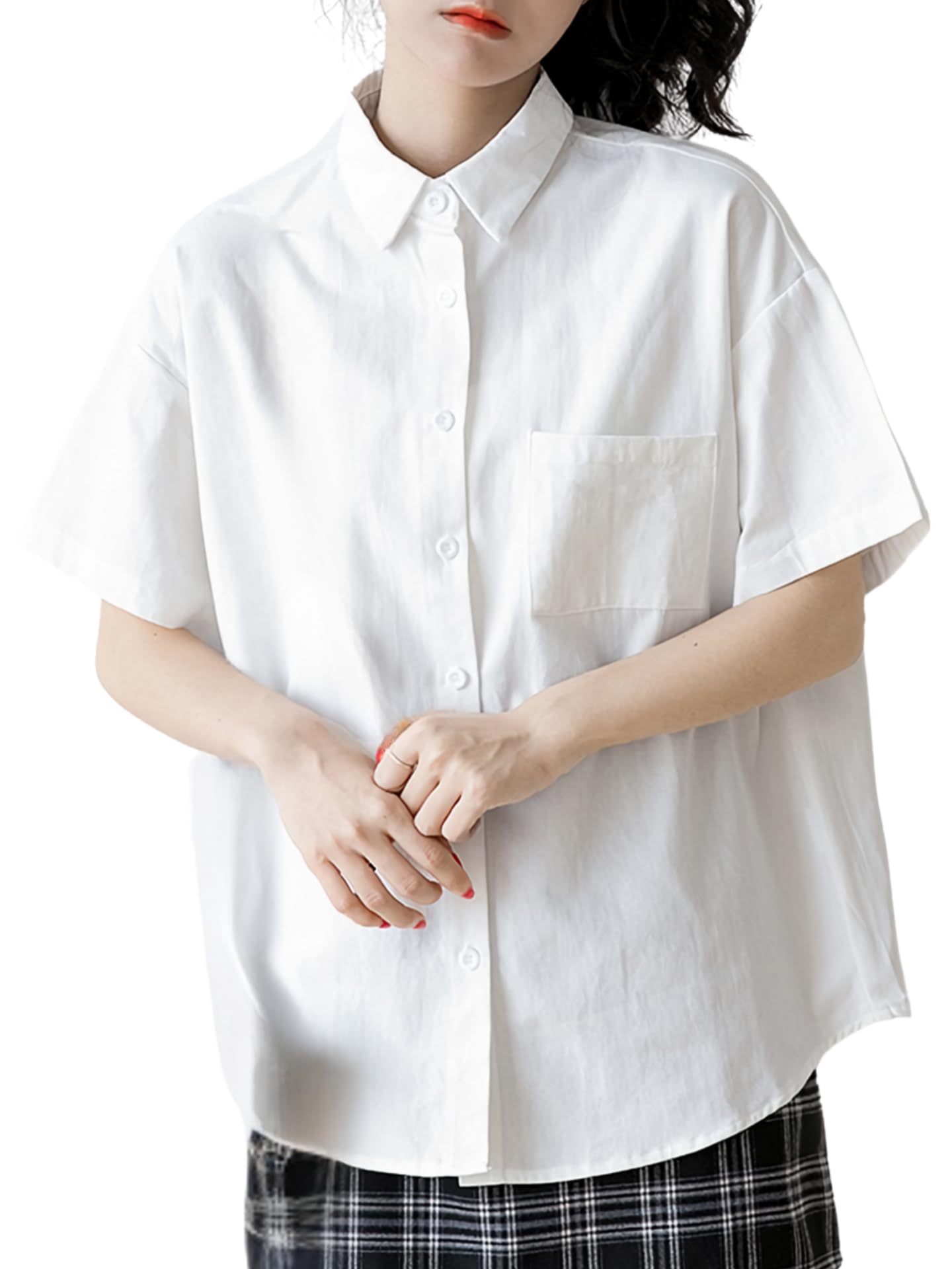 

Рубашка Блузка Короткий рукав Обычный воротник Карманный воротник Простая Однотонная Весна Лето Осень Рубашка-каттер Широкий крой Однотонные топы Офисный кэжуал На пуговицах [Бубу белый